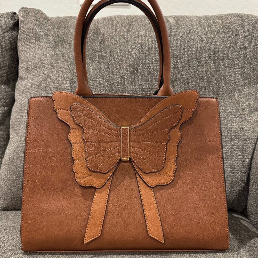 Brown Faux Leather Butterfly Tote & Wallet Set